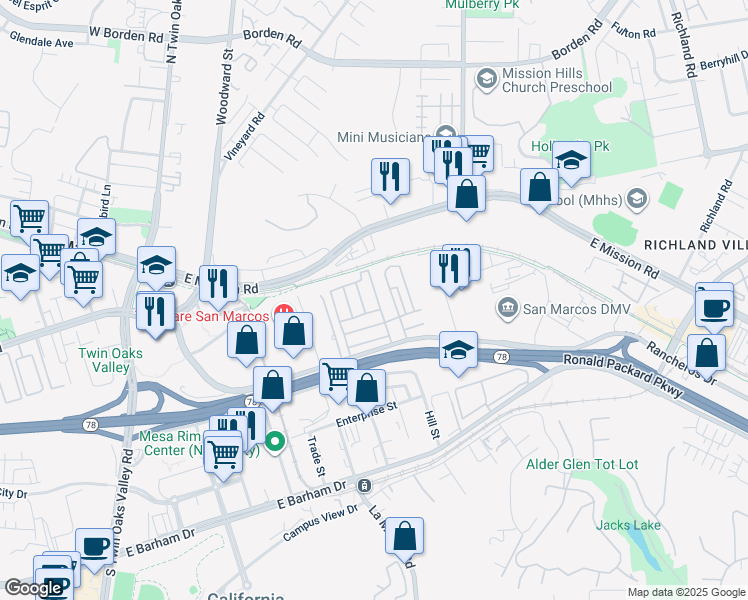 map of restaurants, bars, coffee shops, grocery stores, and more near 500 Rancheros Drive in San Marcos