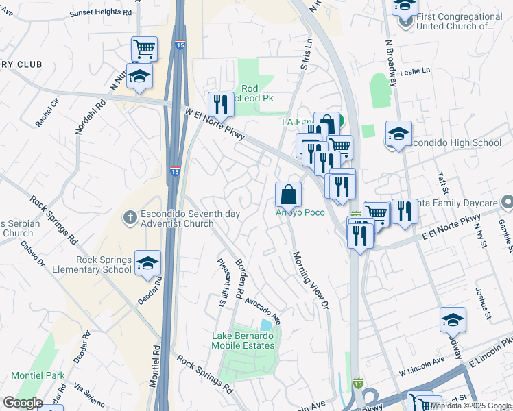 map of restaurants, bars, coffee shops, grocery stores, and more near 525 West El Norte Parkway in Escondido