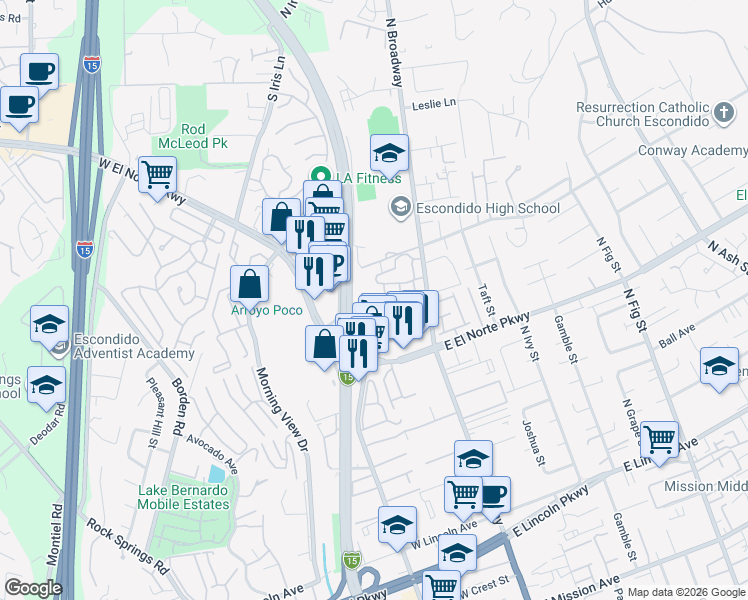 map of restaurants, bars, coffee shops, grocery stores, and more near 1375 North Broadway in Escondido
