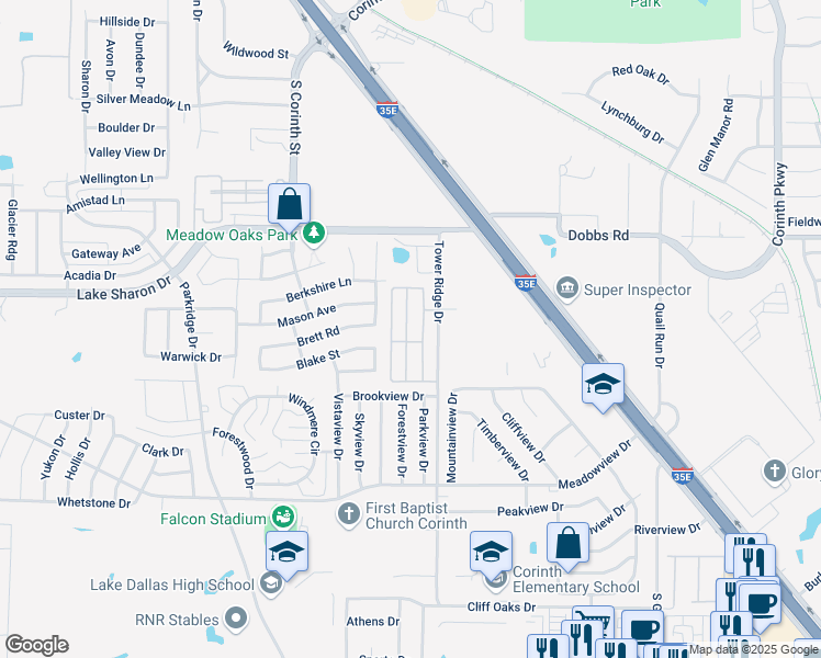 map of restaurants, bars, coffee shops, grocery stores, and more near 2560 Tower Ridge Drive in Corinth