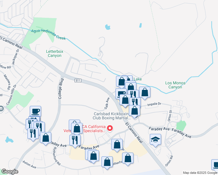 map of restaurants, bars, coffee shops, grocery stores, and more near 5592 El Camino Real in Carlsbad