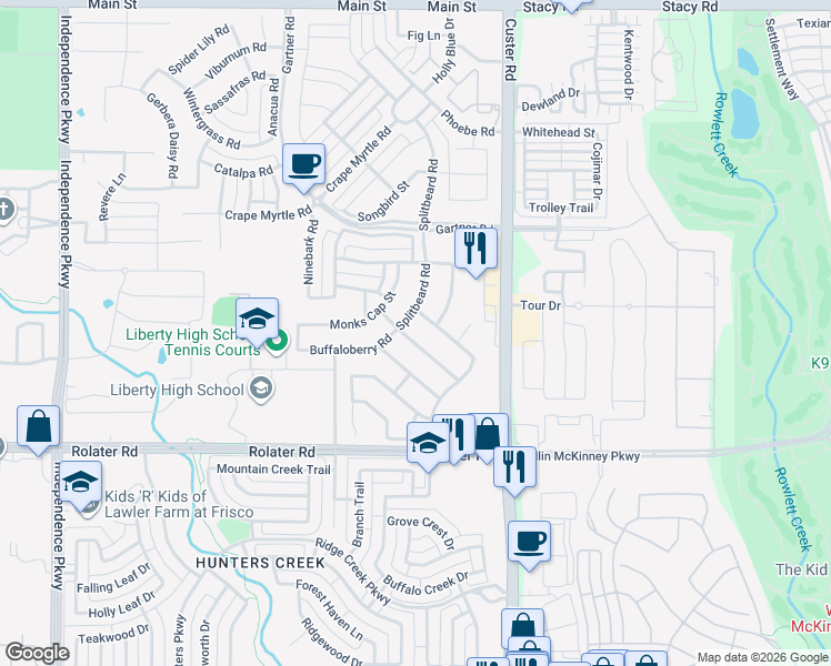 map of restaurants, bars, coffee shops, grocery stores, and more near 15926 Copperbeach Street in Frisco
