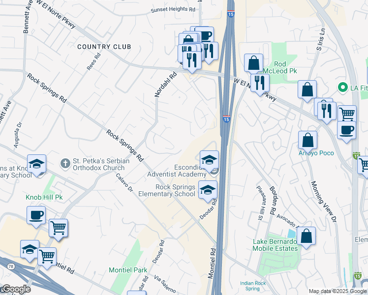 map of restaurants, bars, coffee shops, grocery stores, and more near 1198 Nordahl Road in Escondido