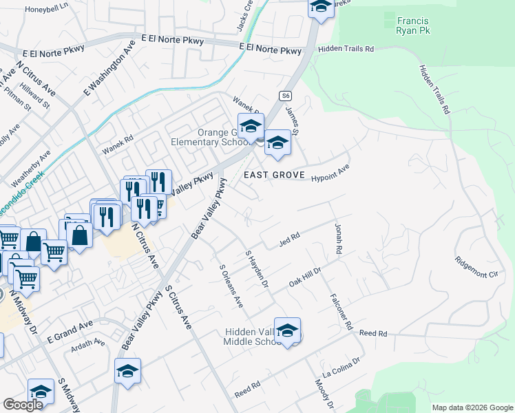map of restaurants, bars, coffee shops, grocery stores, and more near 2750 Jody Place in Escondido