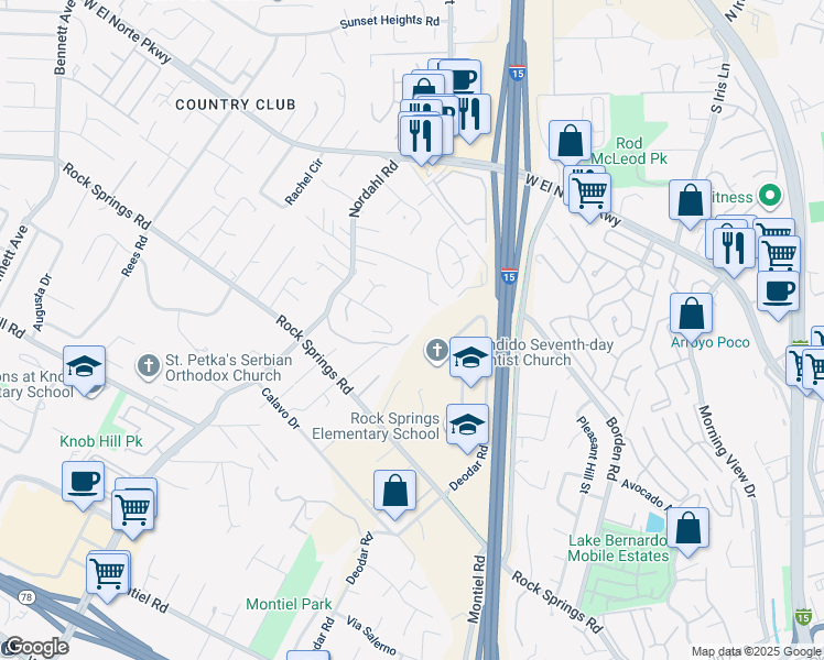 map of restaurants, bars, coffee shops, grocery stores, and more near 1198 Nordahl Road in Escondido