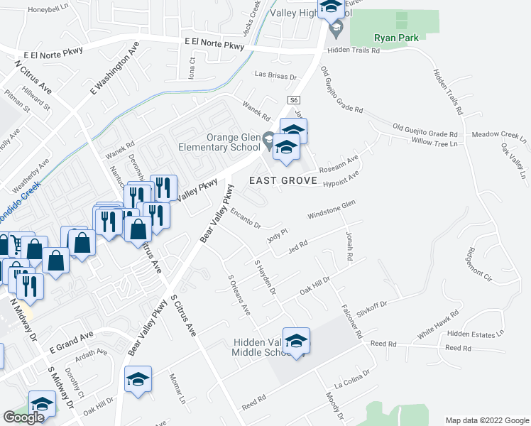 map of restaurants, bars, coffee shops, grocery stores, and more near 112 Encanto Drive in Escondido