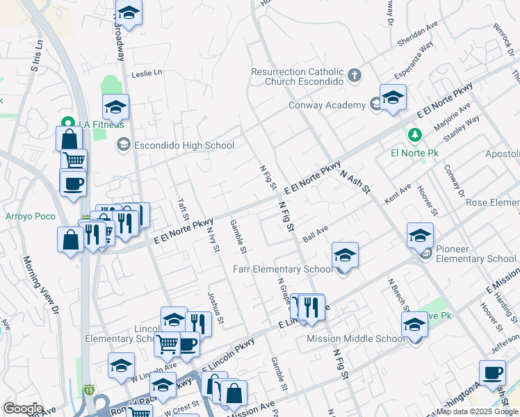 map of restaurants, bars, coffee shops, grocery stores, and more near 605 East El Norte Parkway in Escondido