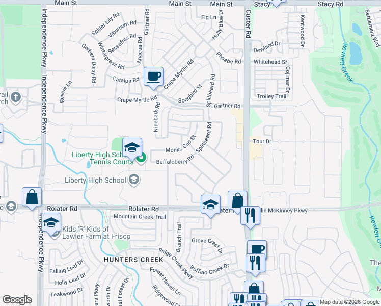 map of restaurants, bars, coffee shops, grocery stores, and more near 15814 Candletree Road in Frisco