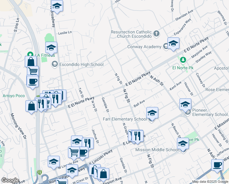 map of restaurants, bars, coffee shops, grocery stores, and more near 605 East El Norte Parkway in Escondido