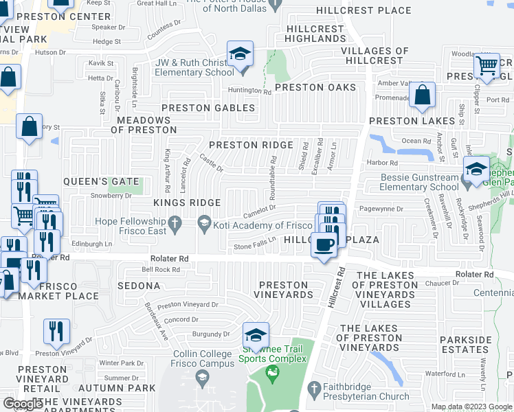 map of restaurants, bars, coffee shops, grocery stores, and more near Cordova Drive in Frisco