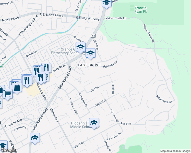 map of restaurants, bars, coffee shops, grocery stores, and more near 2774 Jody Place in Escondido