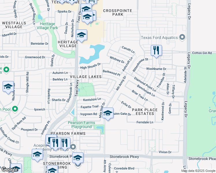 map of restaurants, bars, coffee shops, grocery stores, and more near 7516 Norcross Drive in Frisco