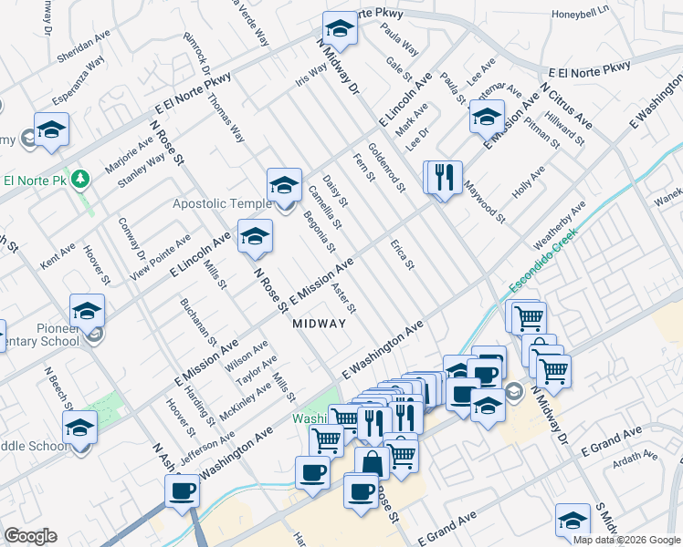 map of restaurants, bars, coffee shops, grocery stores, and more near 719 Begonia Street in Escondido