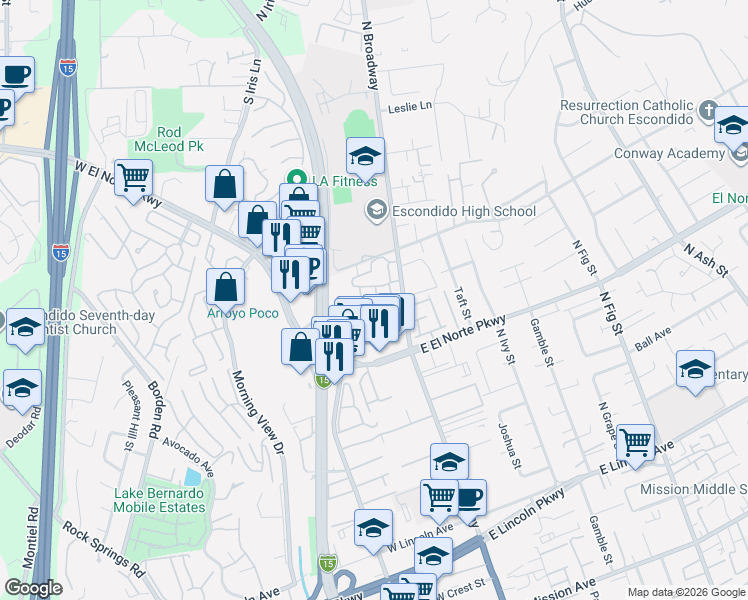 map of restaurants, bars, coffee shops, grocery stores, and more near 1375 North Broadway in Escondido