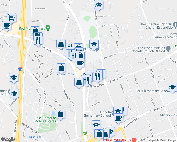 map of restaurants, bars, coffee shops, grocery stores, and more near 1584 North Escondido Boulevard in Escondido