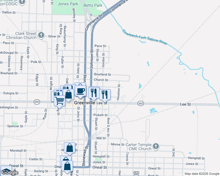 map of restaurants, bars, coffee shops, grocery stores, and more near 2124 Jordan Street in Greenville