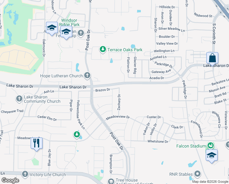 map of restaurants, bars, coffee shops, grocery stores, and more near 2602 Stone Creek Lane in Corinth