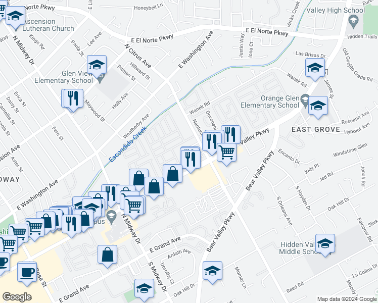 map of restaurants, bars, coffee shops, grocery stores, and more near 417 North Citrus Avenue in Escondido