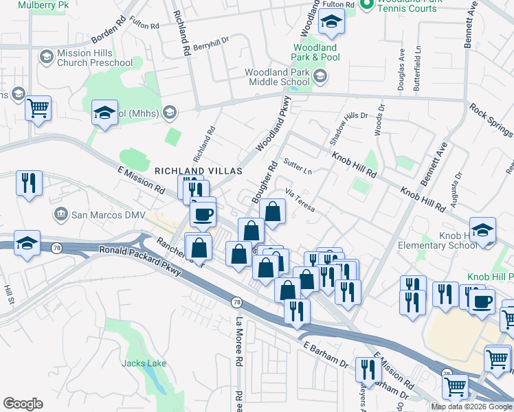 map of restaurants, bars, coffee shops, grocery stores, and more near 1010 Grape Street in San Marcos