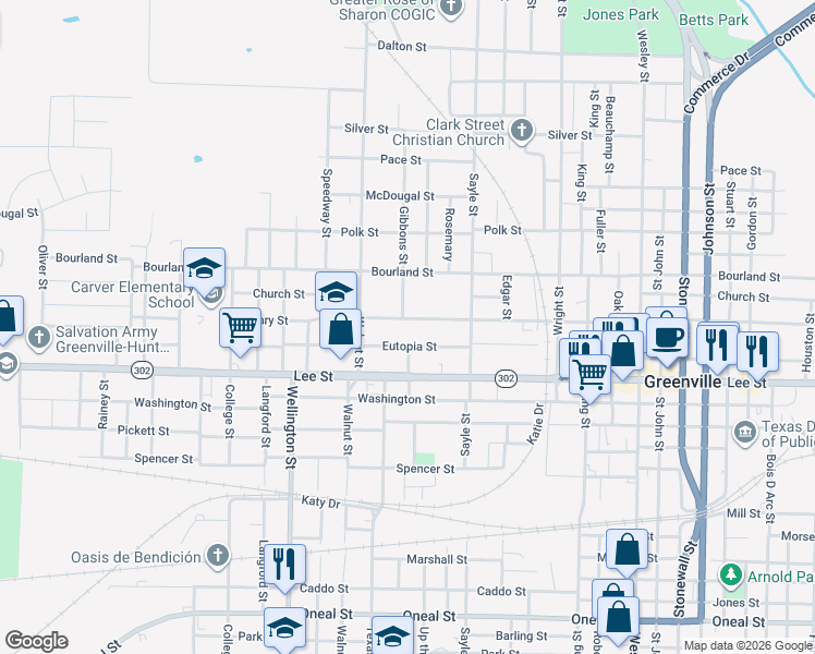 map of restaurants, bars, coffee shops, grocery stores, and more near 3714 Eutopia Street in Greenville