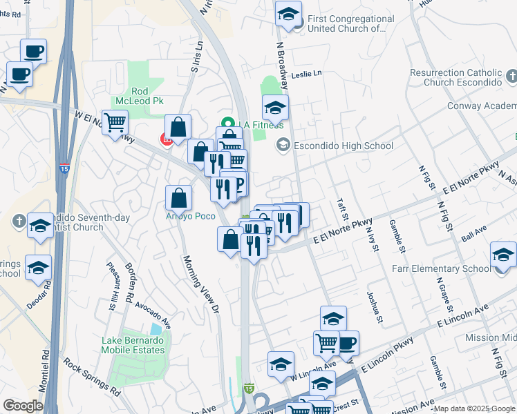 map of restaurants, bars, coffee shops, grocery stores, and more near 1584 North Escondido Boulevard in Escondido