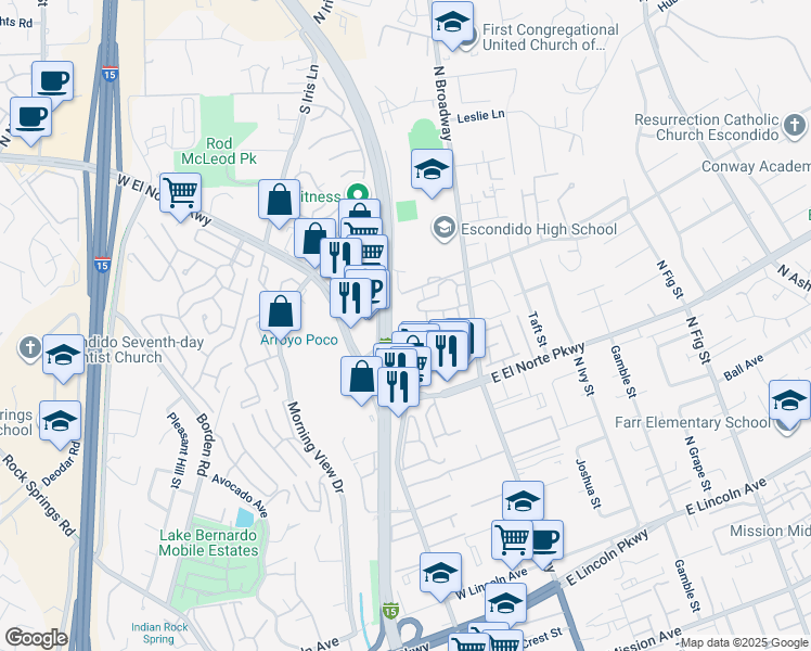 map of restaurants, bars, coffee shops, grocery stores, and more near 1350 North Escondido Boulevard in Escondido