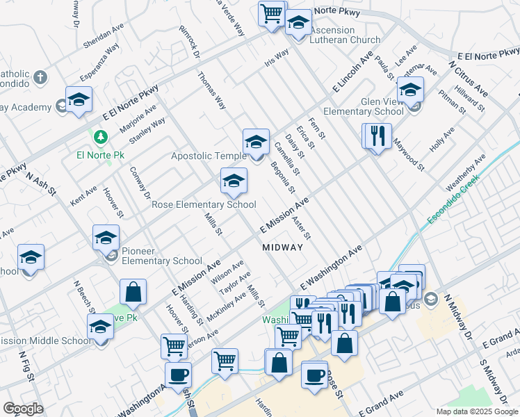 map of restaurants, bars, coffee shops, grocery stores, and more near 852 Oleander Place in Escondido