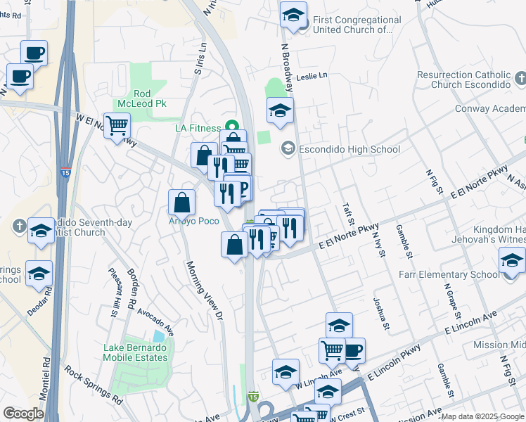 map of restaurants, bars, coffee shops, grocery stores, and more near 1350 North Escondido Boulevard in Escondido