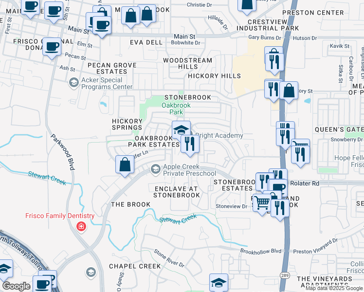 map of restaurants, bars, coffee shops, grocery stores, and more near 7600 Woodstream Drive in Frisco