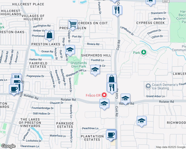 map of restaurants, bars, coffee shops, grocery stores, and more near 12293 Shepherds Hill Lane in Frisco