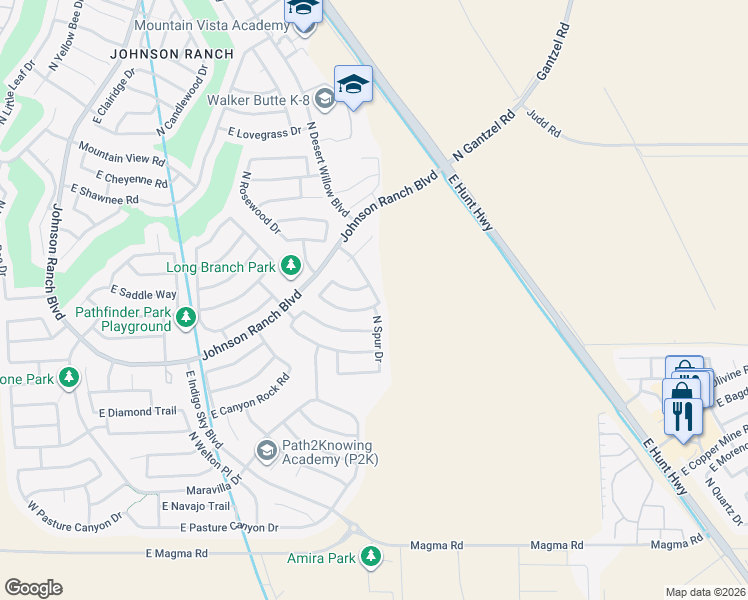 map of restaurants, bars, coffee shops, grocery stores, and more near 1243 East Country Crossing Way in Queen Creek