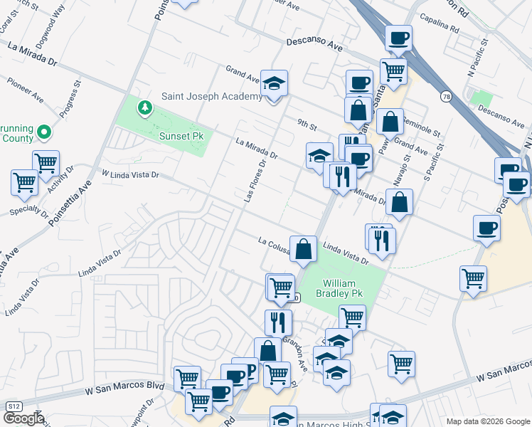map of restaurants, bars, coffee shops, grocery stores, and more near 3728 La Colusa Drive in San Marcos
