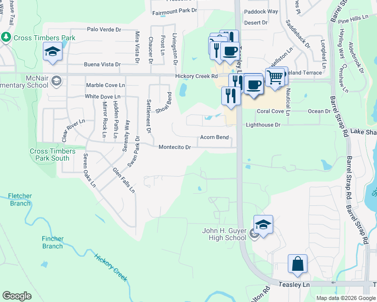 map of restaurants, bars, coffee shops, grocery stores, and more near 115 Old Alton Drive in Denton