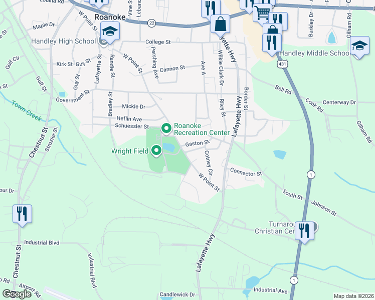 map of restaurants, bars, coffee shops, grocery stores, and more near 623 West Point Street in Roanoke