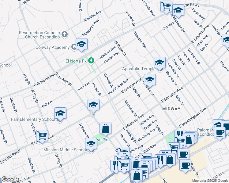 map of restaurants, bars, coffee shops, grocery stores, and more near 1401 View Pointe Avenue in Escondido