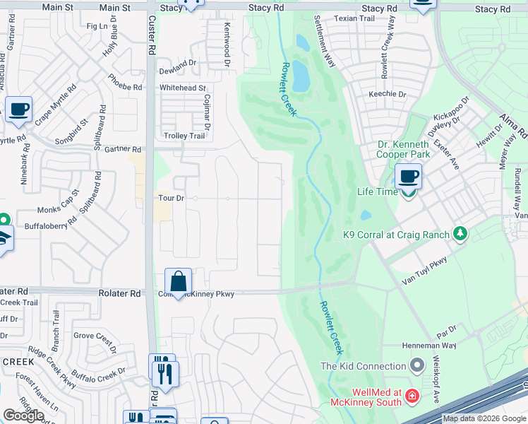 map of restaurants, bars, coffee shops, grocery stores, and more near 6001 Southwind Lane in McKinney