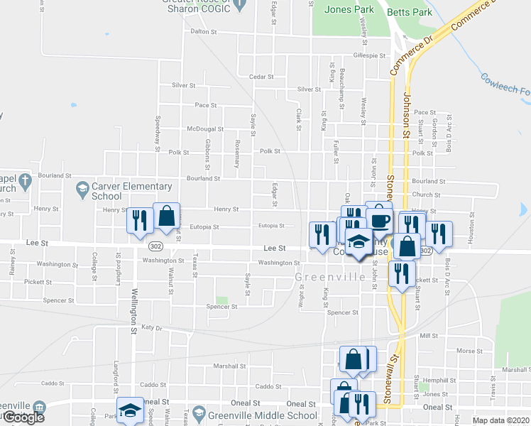 map of restaurants, bars, coffee shops, grocery stores, and more near 3415 Henry Street in Greenville