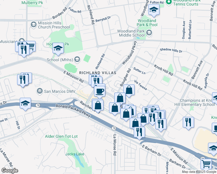map of restaurants, bars, coffee shops, grocery stores, and more near in San Marcos