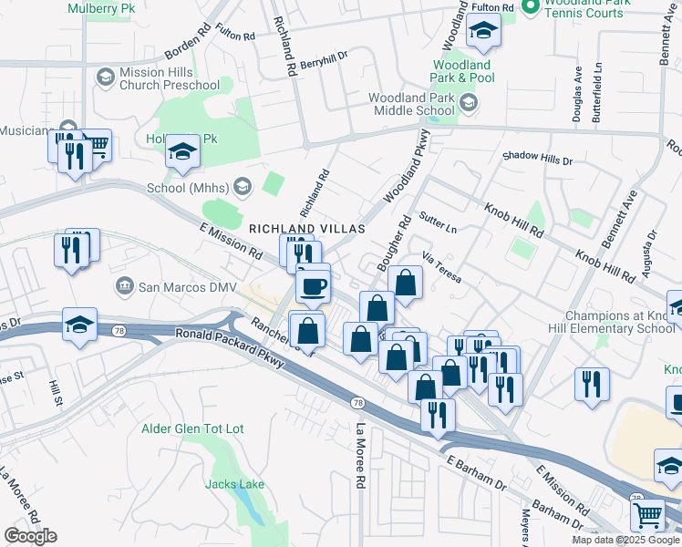 map of restaurants, bars, coffee shops, grocery stores, and more near 209 Woodland Parkway in San Marcos