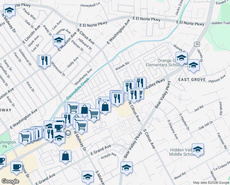 map of restaurants, bars, coffee shops, grocery stores, and more near 417 North Citrus Avenue in Escondido