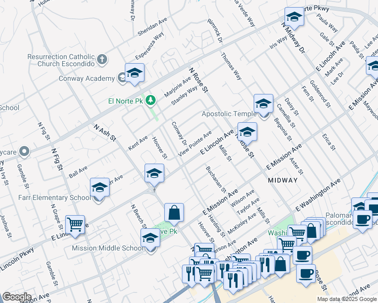 map of restaurants, bars, coffee shops, grocery stores, and more near 1401 View Pointe Avenue in Escondido