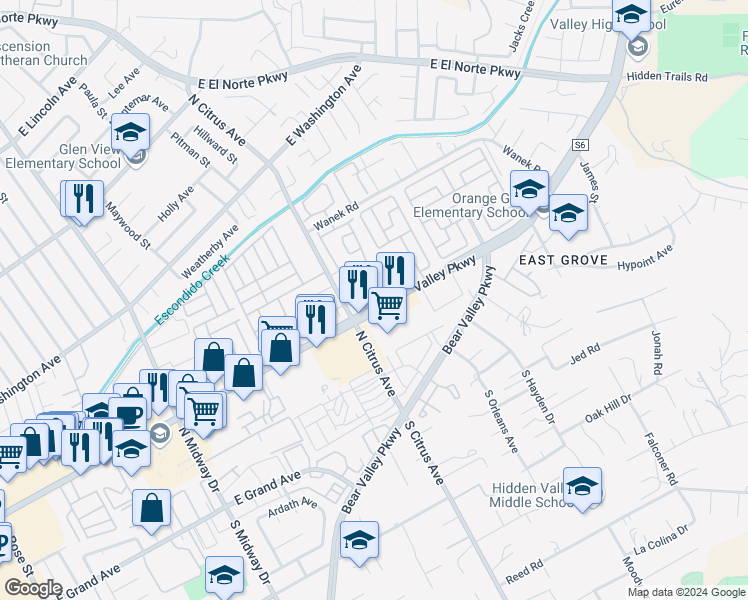 map of restaurants, bars, coffee shops, grocery stores, and more near 2421 Hawthorn Glen in Escondido