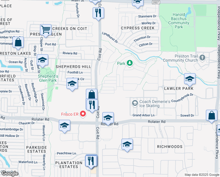 map of restaurants, bars, coffee shops, grocery stores, and more near 12848 Shepherds Hill Lane in Frisco