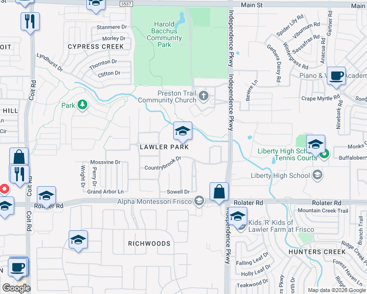 map of restaurants, bars, coffee shops, grocery stores, and more near 14140 Countrybrook Drive in Frisco