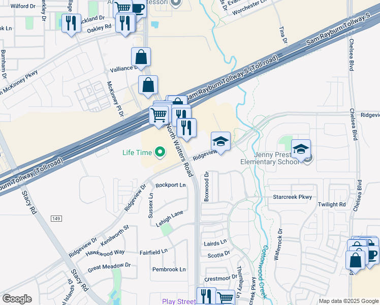 map of restaurants, bars, coffee shops, grocery stores, and more near 960 Ridgeview Drive in Allen