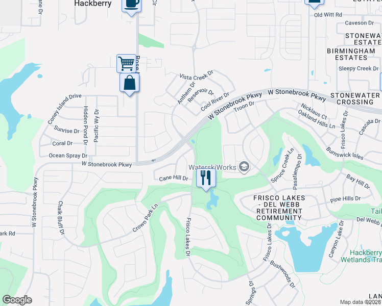 map of restaurants, bars, coffee shops, grocery stores, and more near 7593 Trull Brook Lane in Frisco