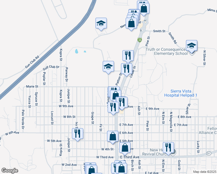 map of restaurants, bars, coffee shops, grocery stores, and more near 200 Marie Street in Truth or Consequences