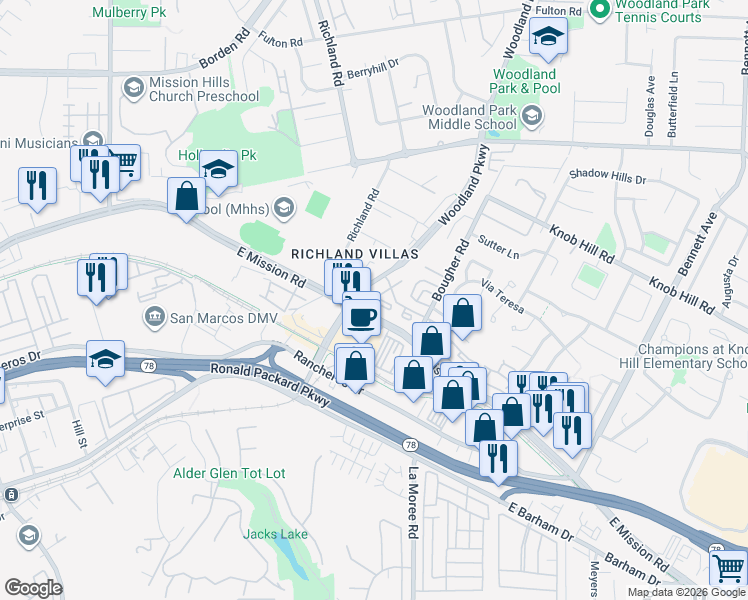map of restaurants, bars, coffee shops, grocery stores, and more near 222 Woodland Parkway in San Marcos