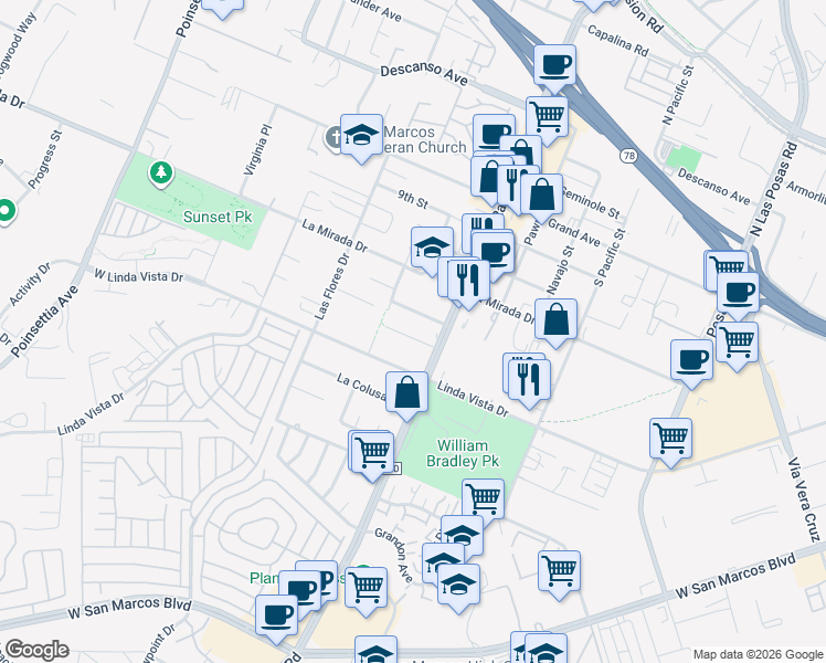 map of restaurants, bars, coffee shops, grocery stores, and more near 3834 La Rosa Drive in San Marcos