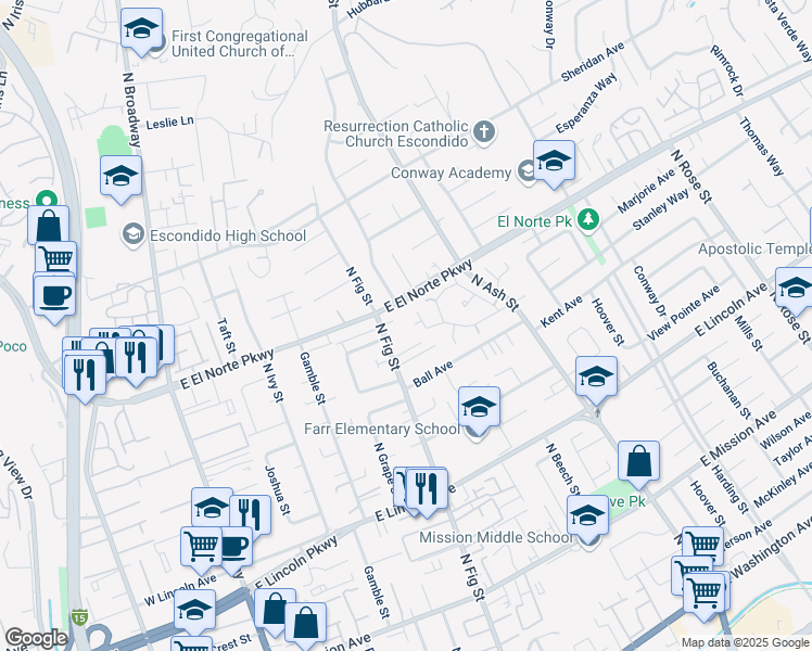 map of restaurants, bars, coffee shops, grocery stores, and more near 1248 Tower Lane in Escondido